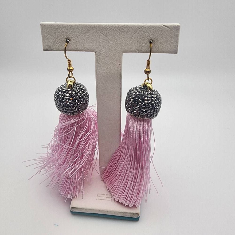 NWOT Molly Phillips Jacqueline Pink Tassel & Rhinestone Earrings